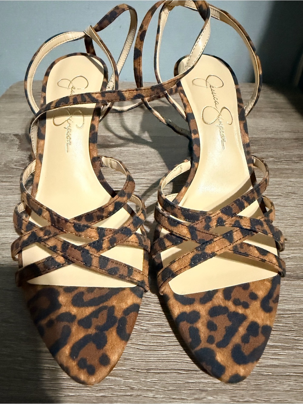 NWT size6 Jessica Simpson Leopard-Print Strappy Pointed-Toe Heels - Brown/Black